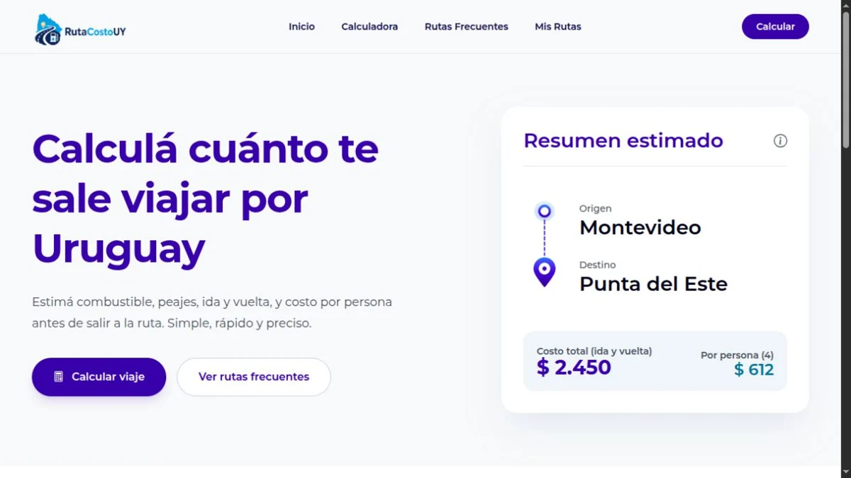Vista del sitio web de RutaCostoUY